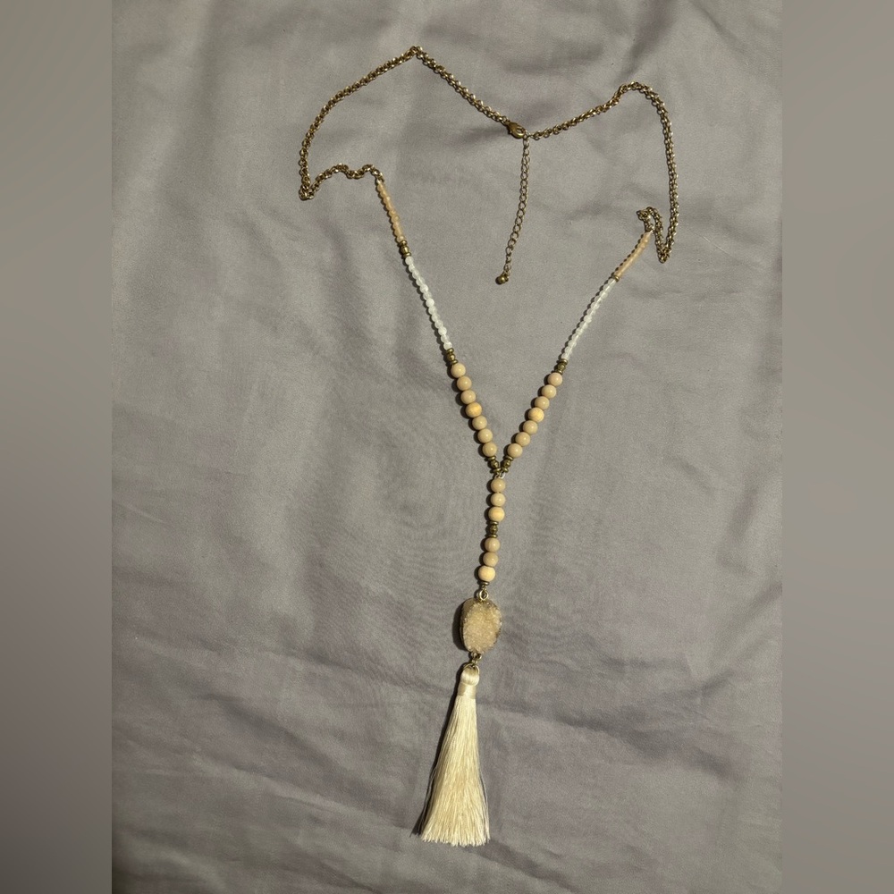 Boho/Bohemian Long Beaded Stone & Tassel Necklace New